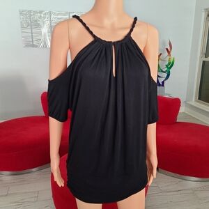 ARDEN B rope collar cold shoulder black rayon top size L